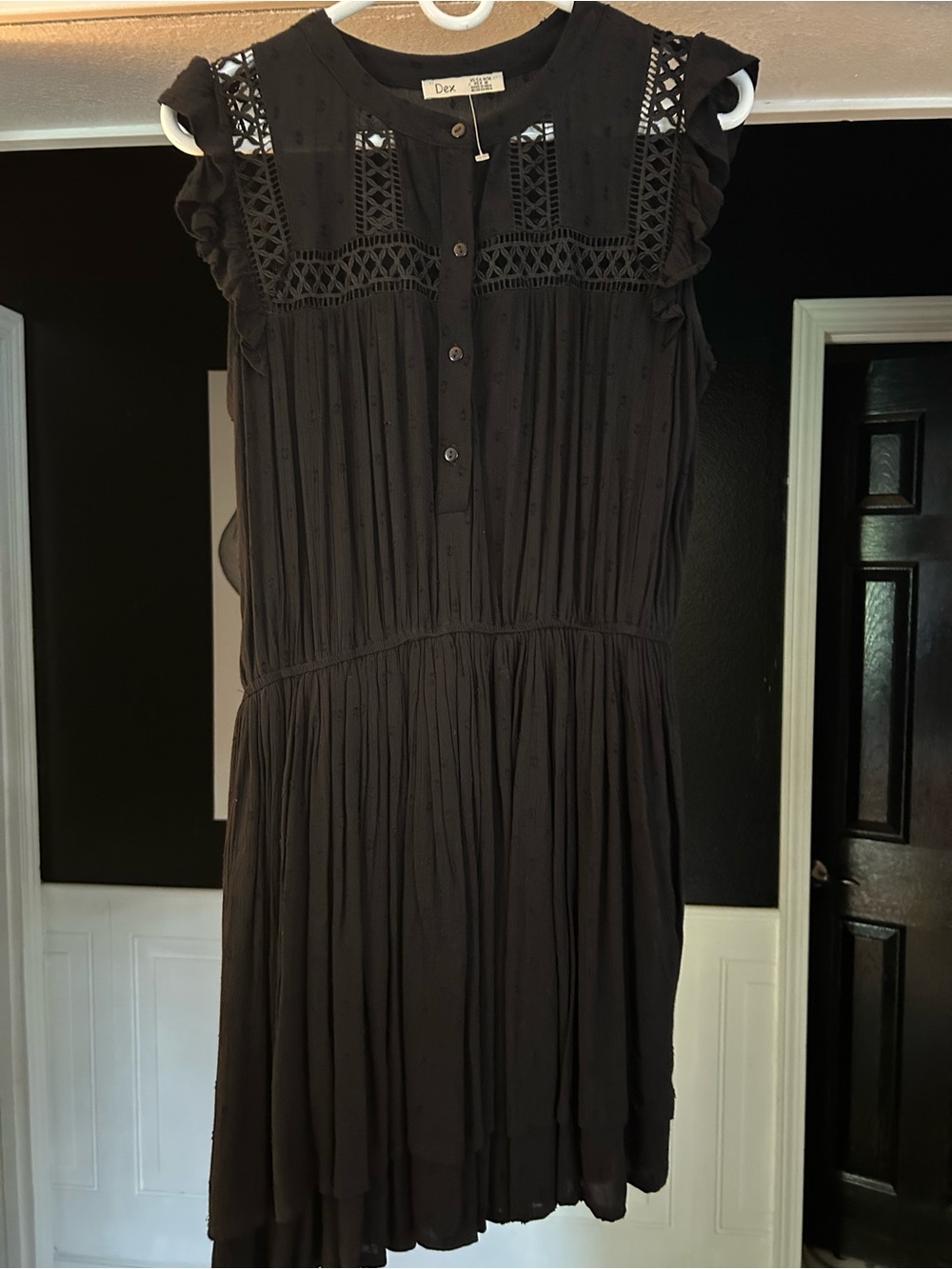 Dex Black Crochet Yoke Pleated Flutter Sleeve Dress